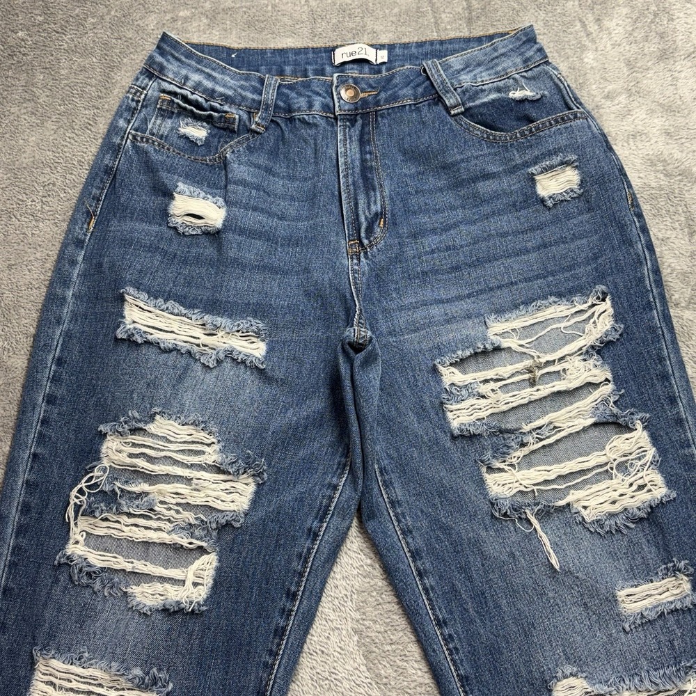 Rue21 Distressed Skinny Jeans Women Size 12 High Rise Blue Denim Raw Hem - Picture 2 of 14
